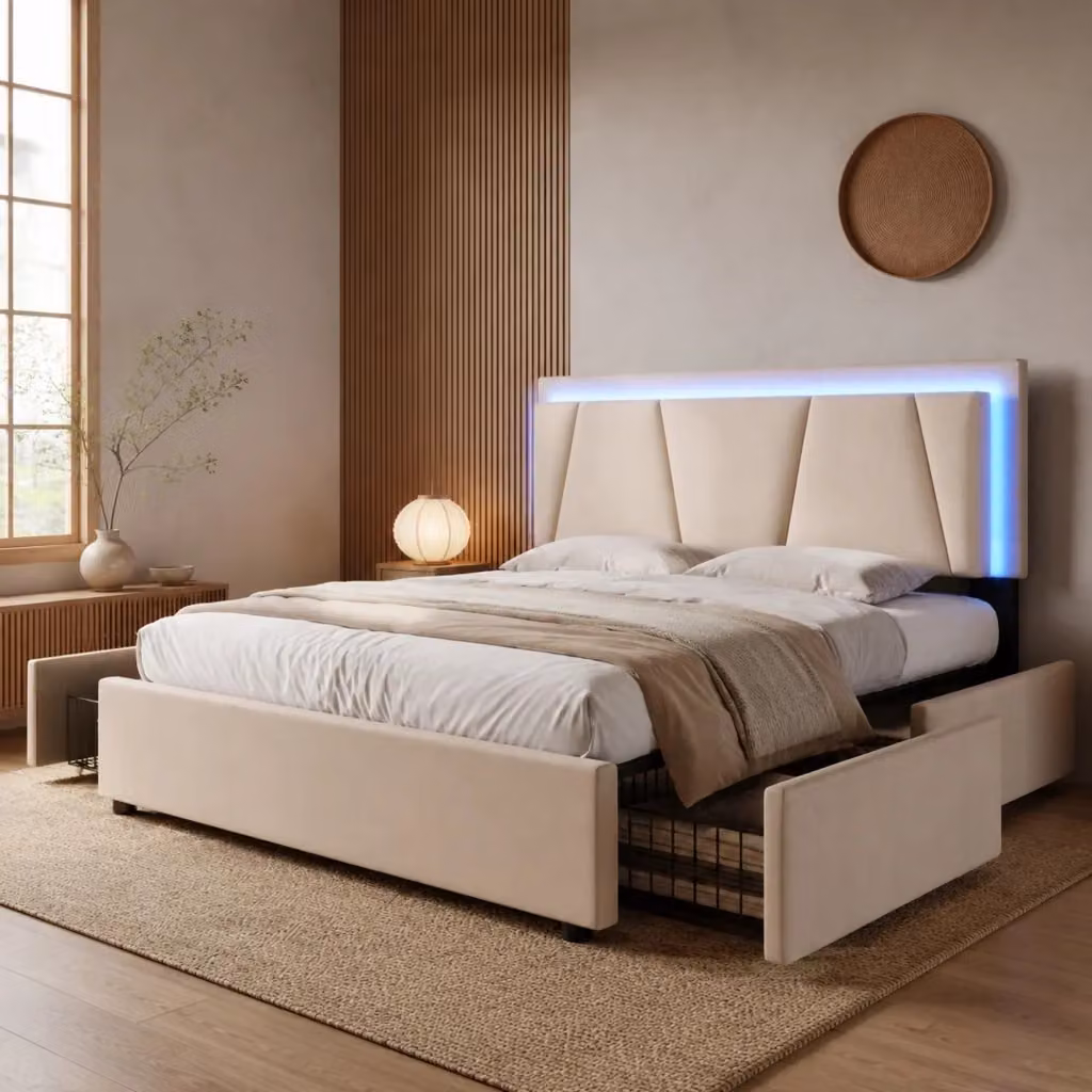 Letto REDOM Beige con testiera regolabile, illuminazione LED sottostante e 4 cassetti, L/P/H: 140 x 200 x 103 cm – 2