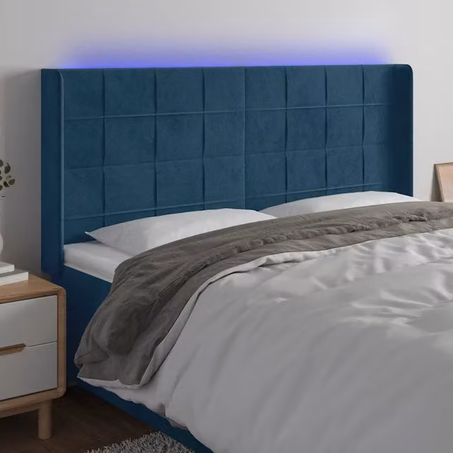 Testiera per letto vidaXL in velluto blu con illuminazione LED integrata e porta di ricarica USB, L: 203 cm, P: 16 cm, H: 118-128 cm – 1