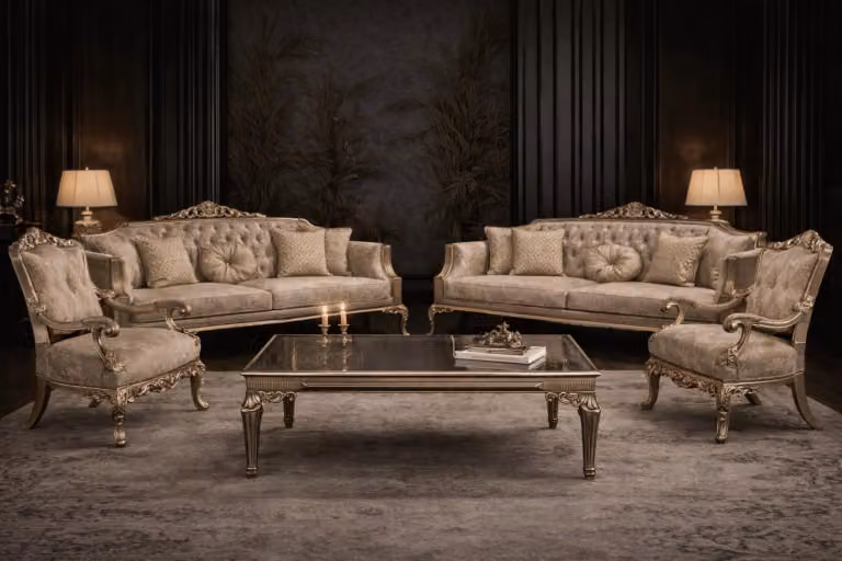 Divano classico beige Chesterfield, composto da un divano a tre posti e un tavolino