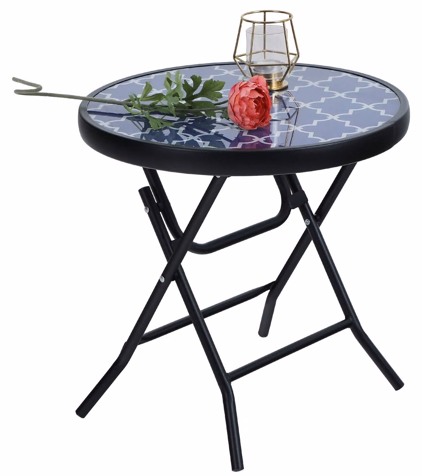 Tavolo rotondo pieghevole in metallo con piano in vetro, dimensioni 46 x 46 x 48 cm