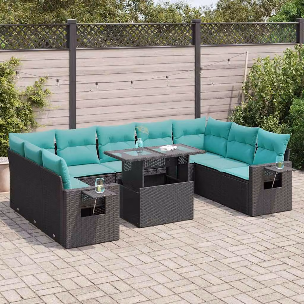 Set Divani da Giardino vidaXL 10 Pezzi in Polyrattan con Cuscini e Tavolino, Design Moderno a Forma di U, Colore Nero e Blu