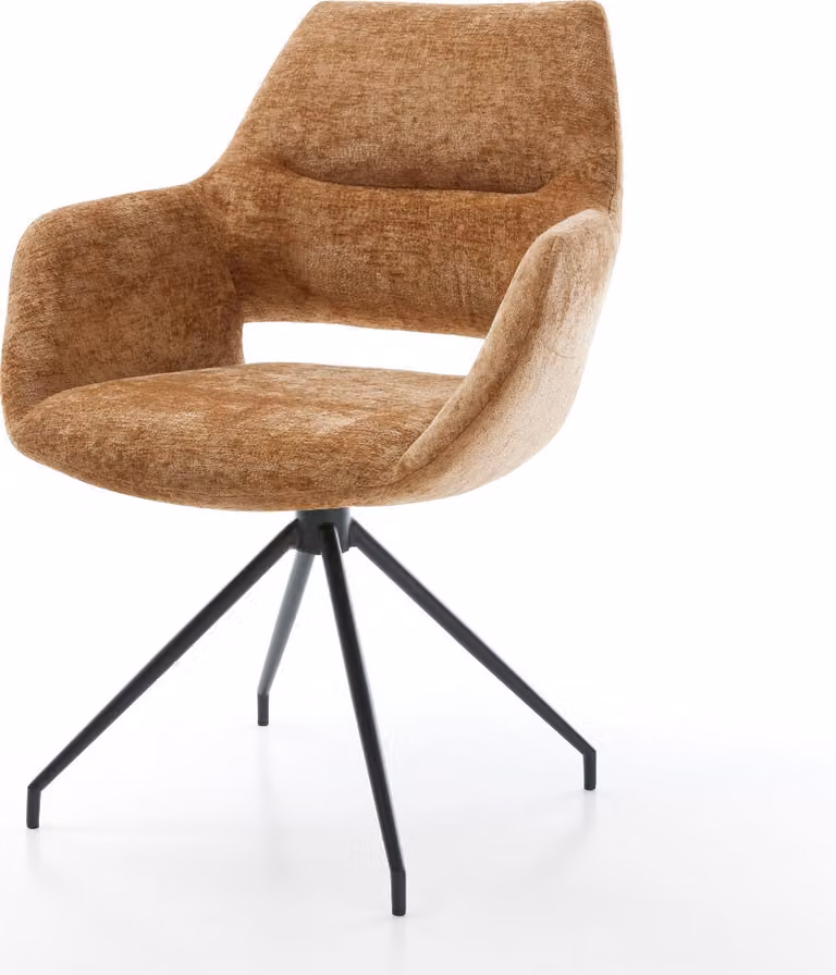 Sedia girevole DELIFE Yago-Flex con braccioli, rivestita in tessuto chenille color ruggine, base a croce conica nera, girevole a 180°, con imbottitura a molle insacchettate