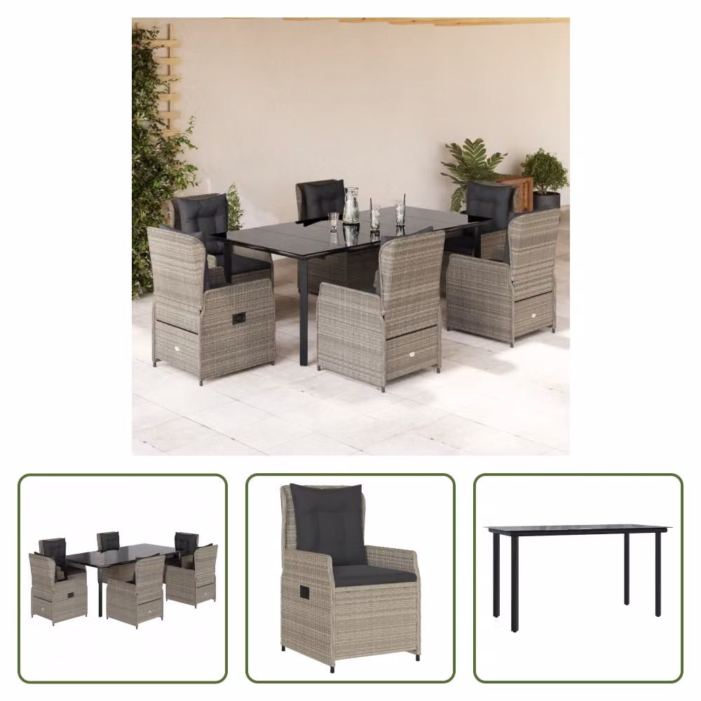 The Living Store Set da pranzo da giardino 7 pezzi con cuscini in poly rattan grigio chiaro