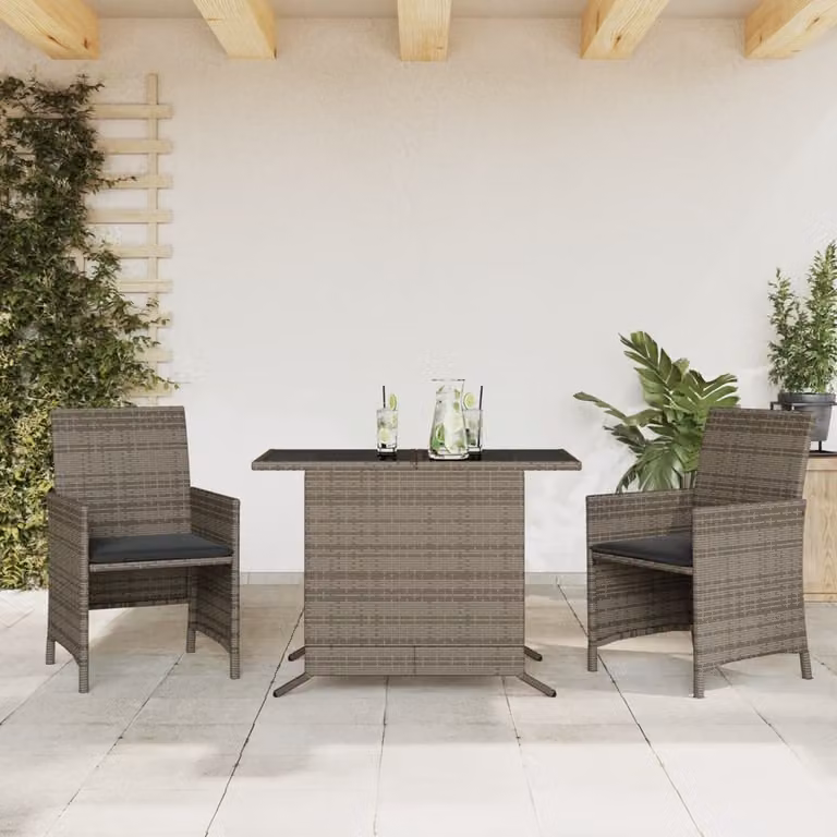 Set da Bistrò vidaXL in Polyrattan Grigio con Cuscini e Piano in Vetro per Giardino e Balcone