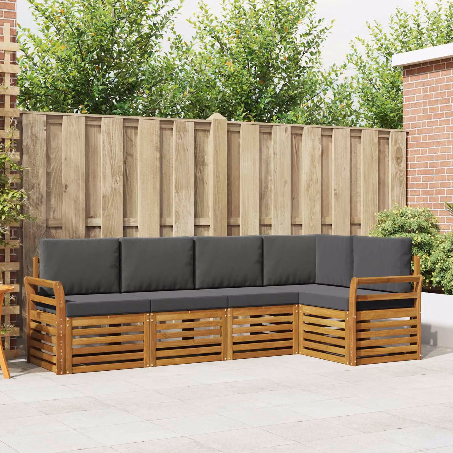Set di divani da esterno vidaXL a forma di L composto da 5 pezzi in legno di acacia con cuscini beige e antracite per giardino e terrazza