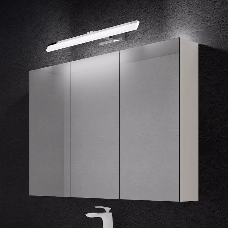 doporro Armadietto a Specchio 100x15x70cm con Lampada da Specchio LED per Bagno 60cm, 14W 6000K, Specchiera Bagno Mobilettto da Parete Bianco con 3 Ante e Applique Specchio Cromo, Spiegelschrank 02