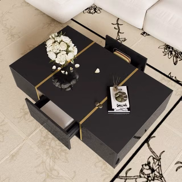 Tavolino basso OKWISH per soggiorno con 2 cassetti, finitura lucida nera e dettagli oro, in MDF e metallo, L: 100 cm, P: 60 cm, H: 41,5 cm