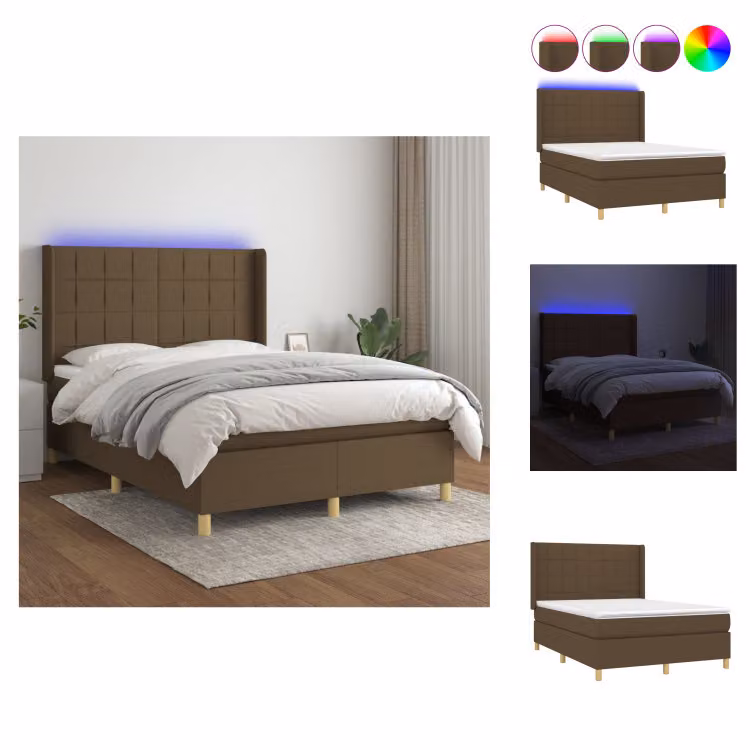 vidaXL Letto a molle con materasso e LED in tessuto marrone scuro 140x200 cm - Letti e strutture letto