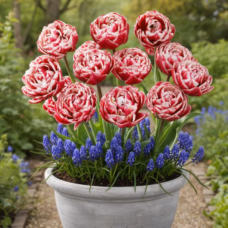 Mix di bulbi di tulipani e muscari, resistenti al freddo e perenni - 10 tulipani + 30 muscari blu - Piante vere provenienti dall'Olanda - ideali per aiuole e vasi (non semi, non artificiali)