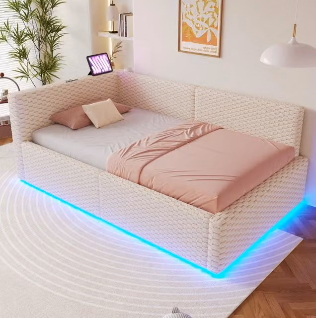 Letto imbottito singolo ULEVR 90x200 cm con contenitore idraulico, LED, 2 USB e Type-C, velluto beige