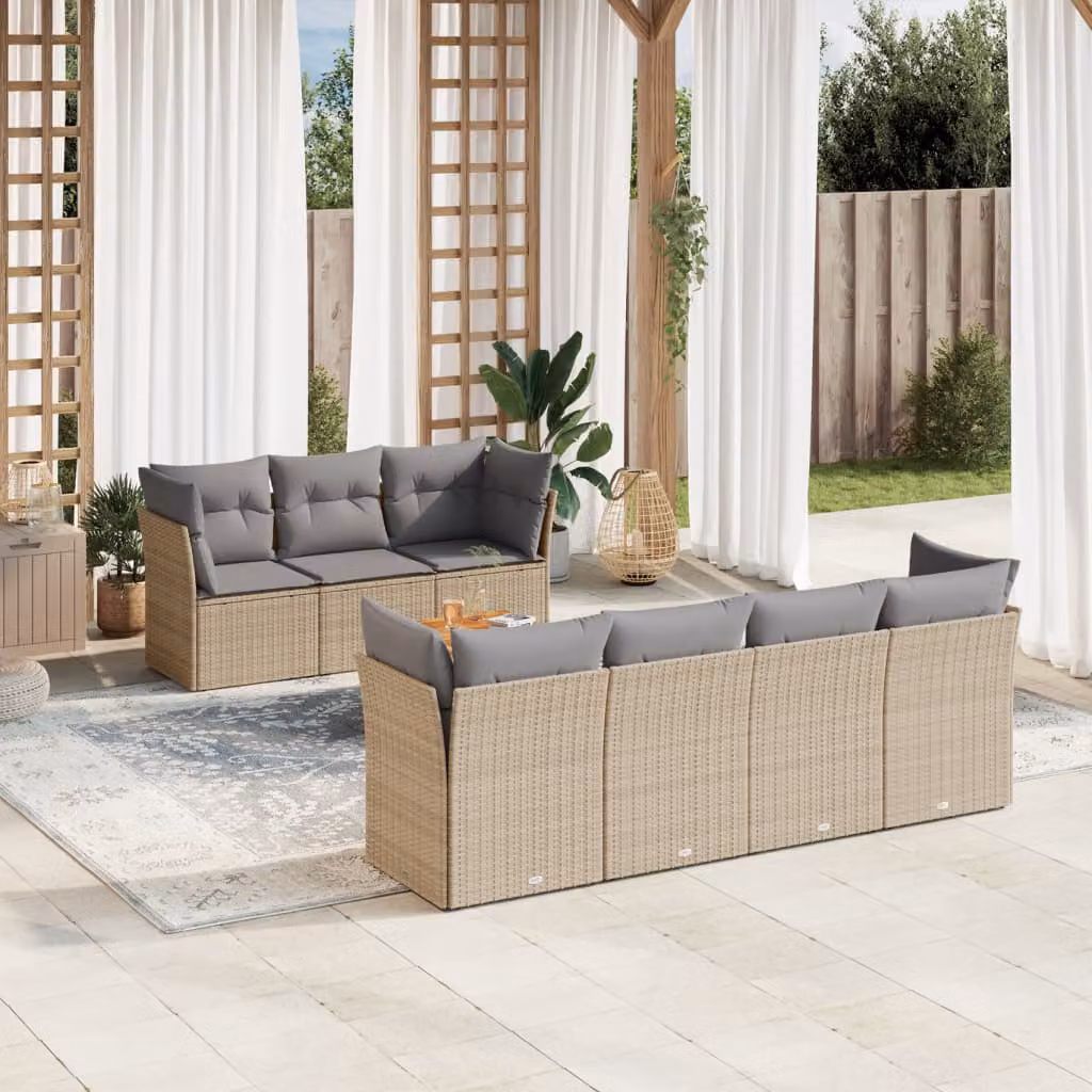 vidaXL Set Divano da Giardino a L 8 pz con Tavolino e Cuscini Beige in Polyrattan e Acciaio – 1