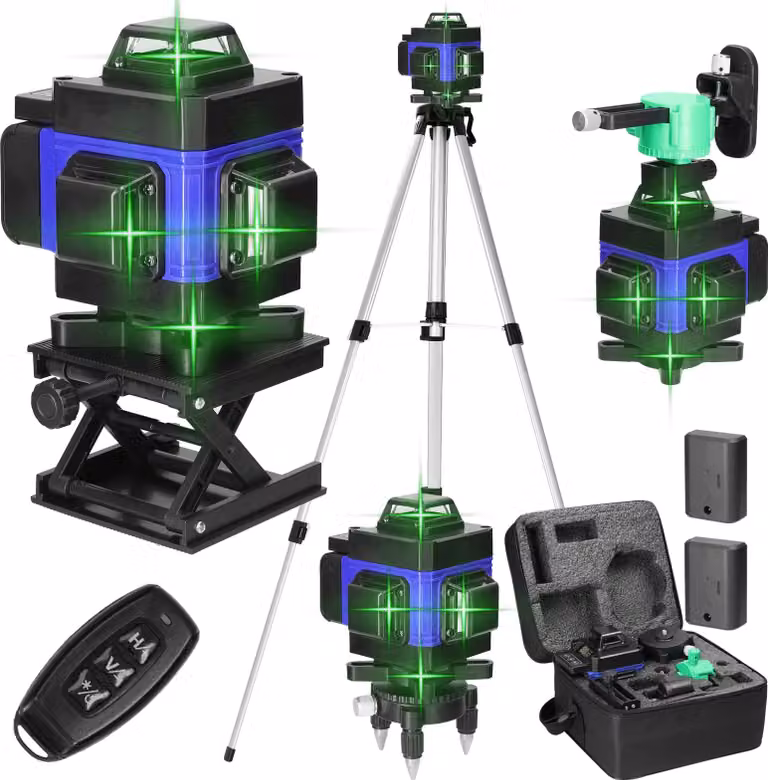 Dispositivo di livellamento laser 4D multifunzionale con 16 linee, 3°, macchina autolivellante, dispositivo di livellamento ricaricabile a batteria al litio USB con lunghezza di 1,2 m, stativo a tre vie regolabile in lega con asta di prolunga