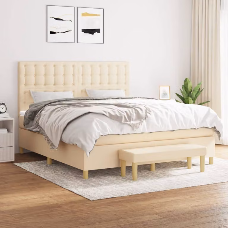 Letto Ibrido vidaXL con Giroletto a Molle e Materasso in Tessuto Beige e Bianco L/P: 160 x 200 cm