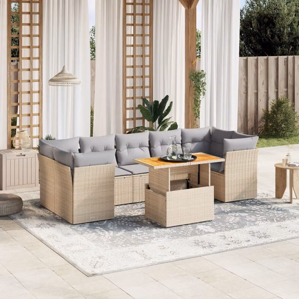 vidaXL Set Divano da Giardino a L 8 pz con Cuscini Beige e Tavolino, Design Moderno in Polyrattan e Legno di Acacia – 1