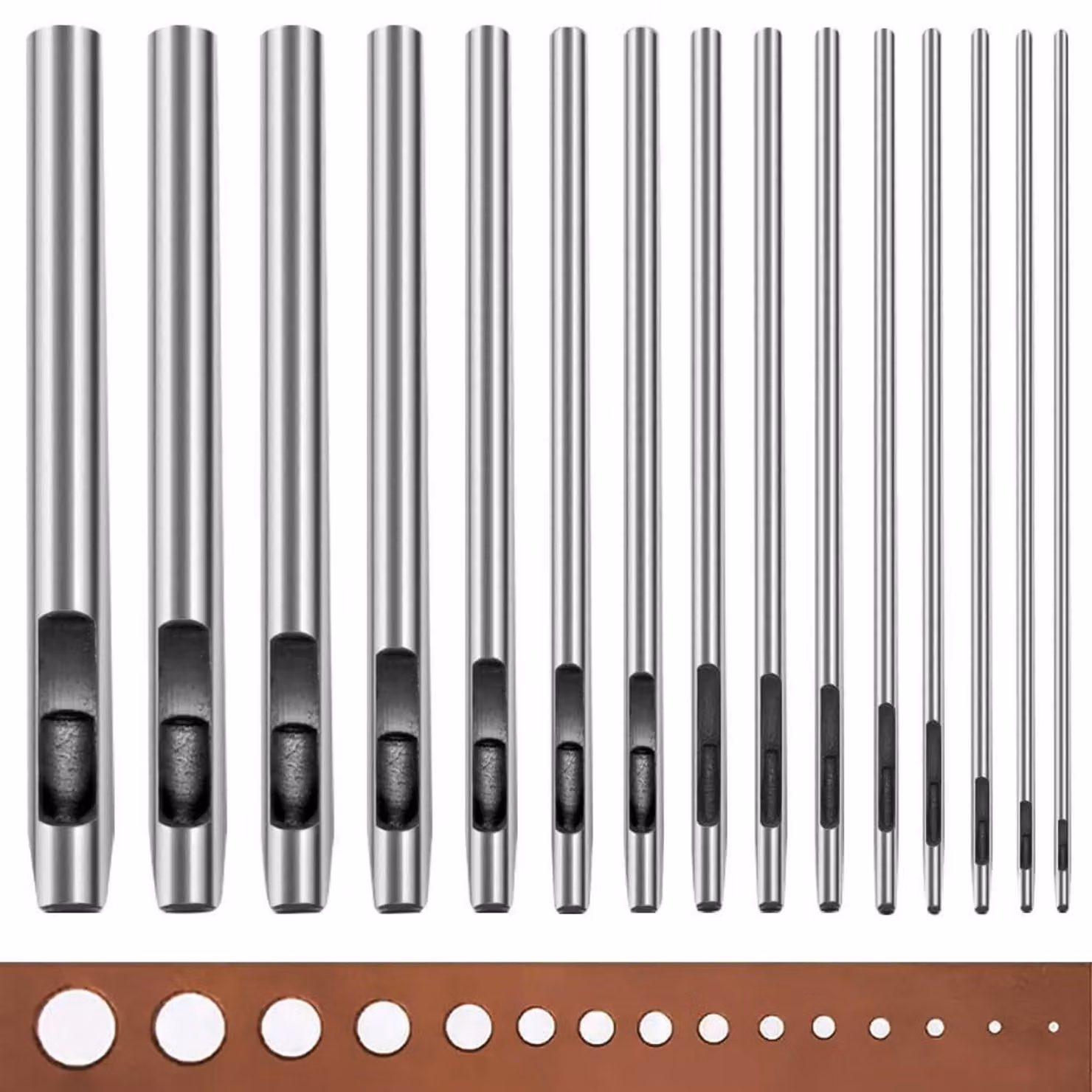 Set di punzoni cavi in acciaio Locheisen, 15 pezzi, da 0,5 a 6 mm, per pelle e tessuti