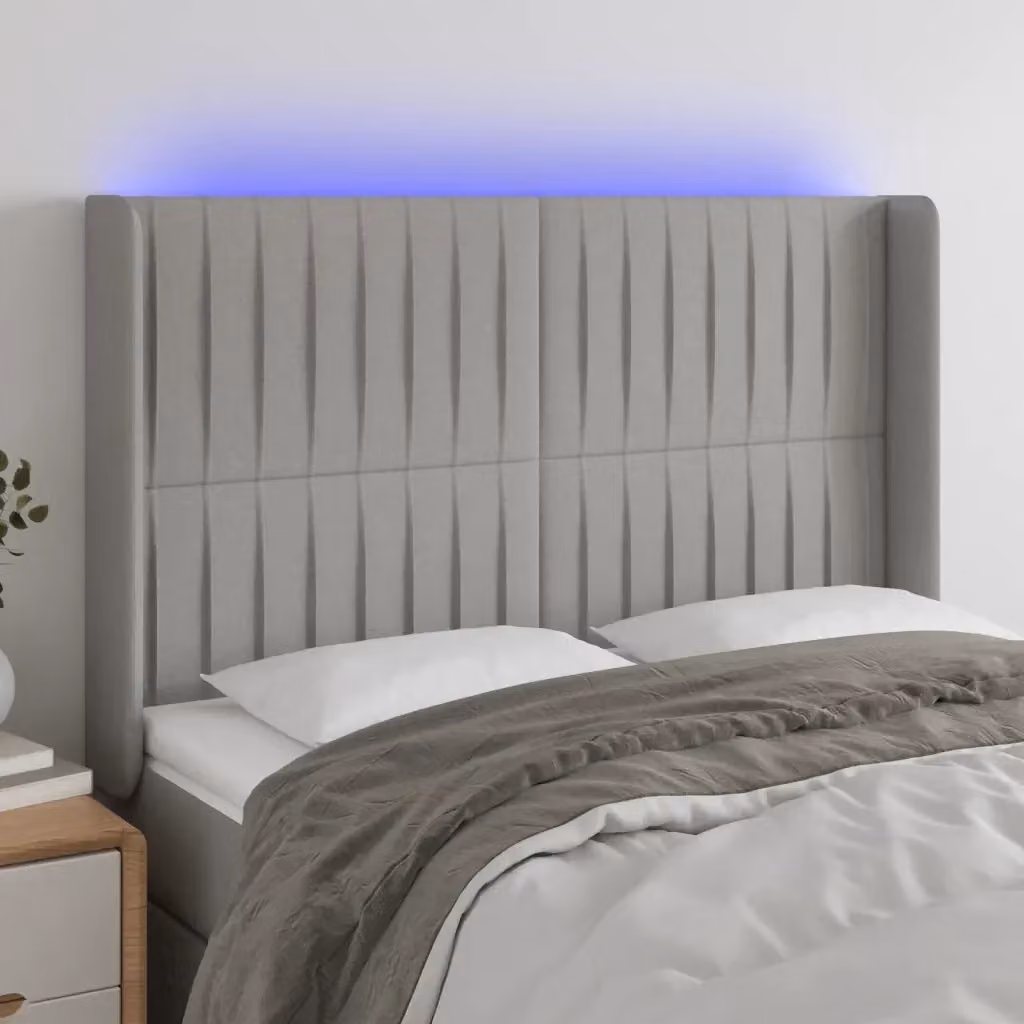 Testata del letto moderna con illuminazione LED integrata e porta di ricarica USB in tessuto grigio, L: 147 cm, P: 16 cm, H: 118-128 cm – 2