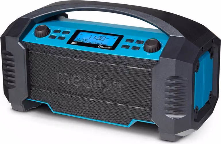 MEDION E66050 Radio da cantiere DAB+ (batteria ricaricabile integrata, protezione IP54 contro spruzzi d'acqua e polvere, funzione di ricarica USB, Bluetooth 5.0, radio FM PLL, funzionamento a batteria o a rete) blu