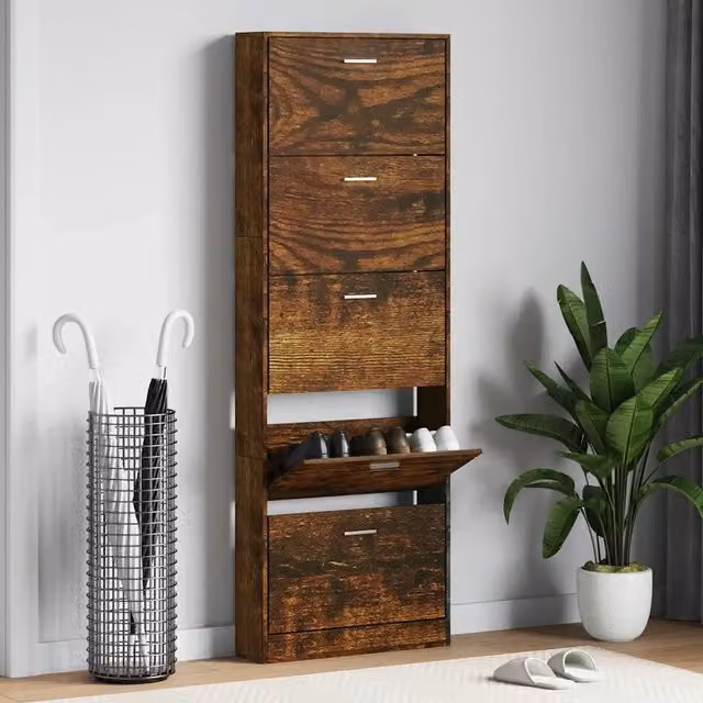 Scarpiera moderna Design Mania in legno color rovere marrone con ante a ribalta e ripiani, L: 59 cm, P: 17 cm, H: 169 cm