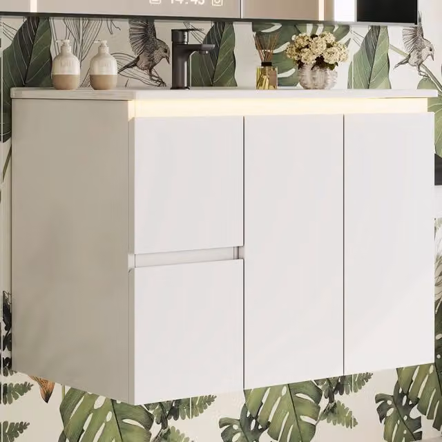 Mobile lavabo sospeso 76x47x57 cm con illuminazione LED a sensore radar in MDF e ceramica bianco