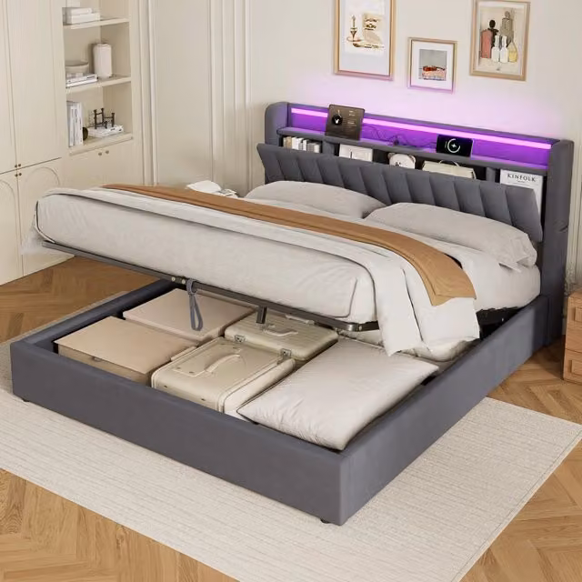 Letto Imbottito 140x200 cm Grigio Scuro in Velluto con Contenitore, USB e Luce d’Atmosfera