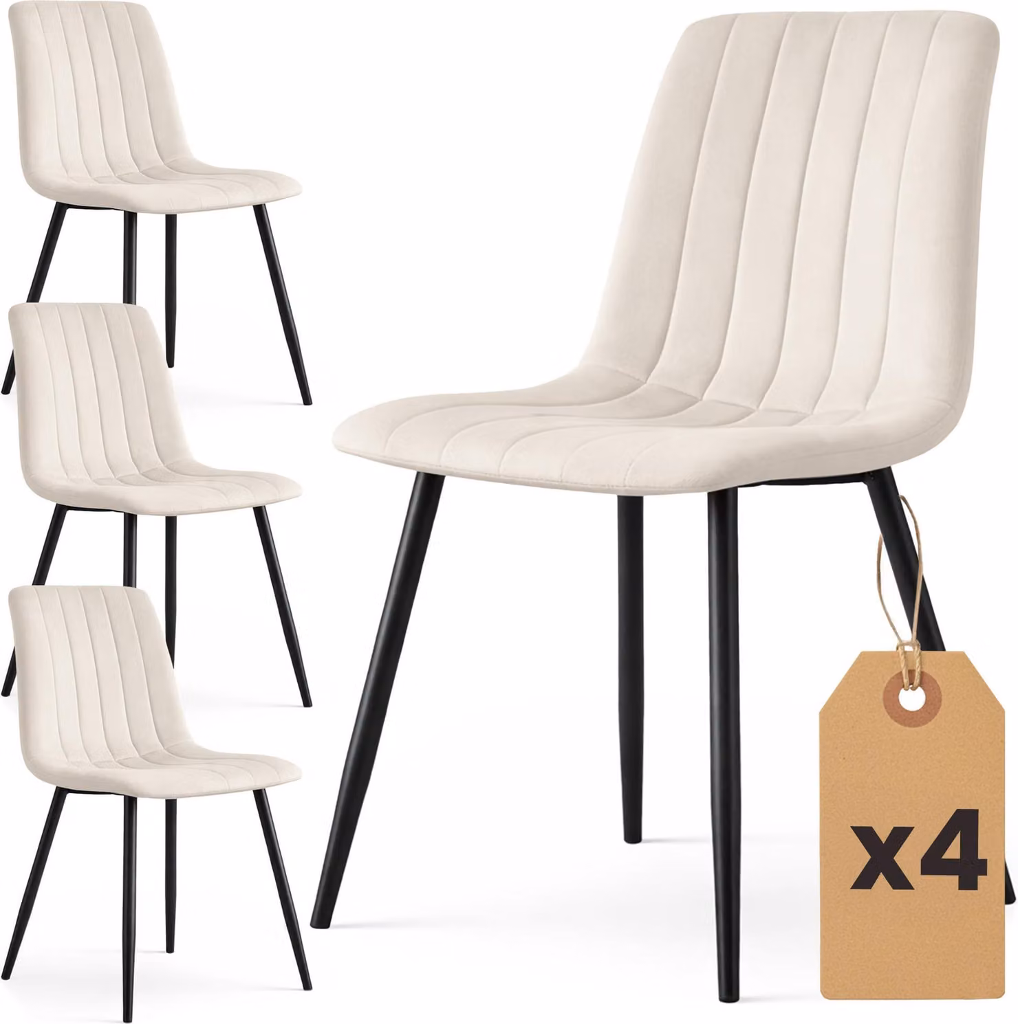 Set di 4 Sedie in velluto trapuntate LIVO Beige gambe nere