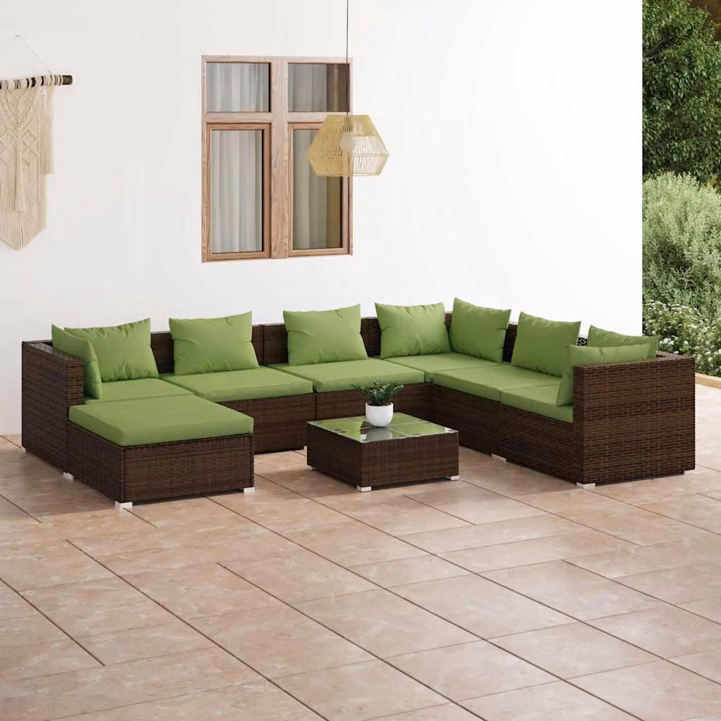 Set da giardino vidaXL composto da 8 pezzi con divani, poltrone, tavolino e cuscini in rattan marrone e verde con struttura in acciaio e coperture rimovibili