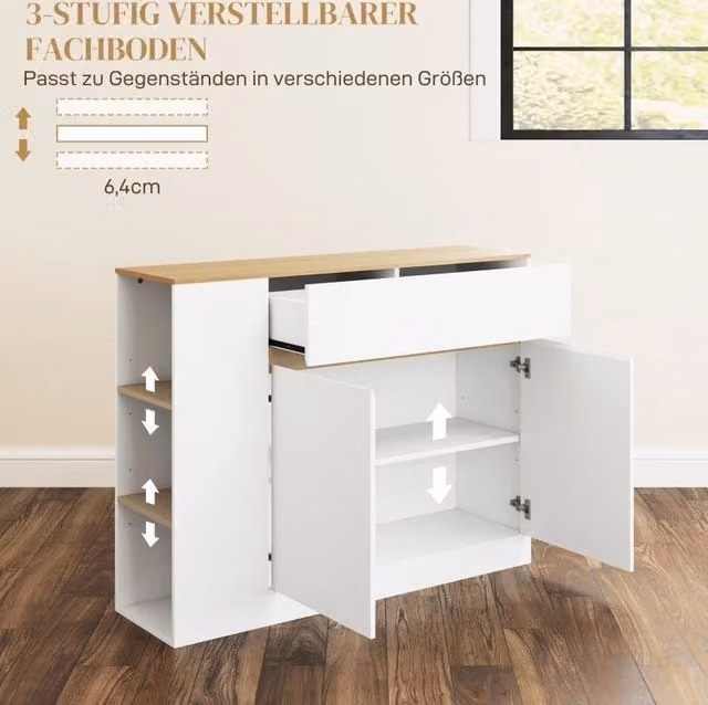 Sideboard DESMIU con Ante, Cassetto Diviso e Ripiani Regolabili, Armadio da Cucina e Sala da Pranzo Bianco 105x30x81,5 cm