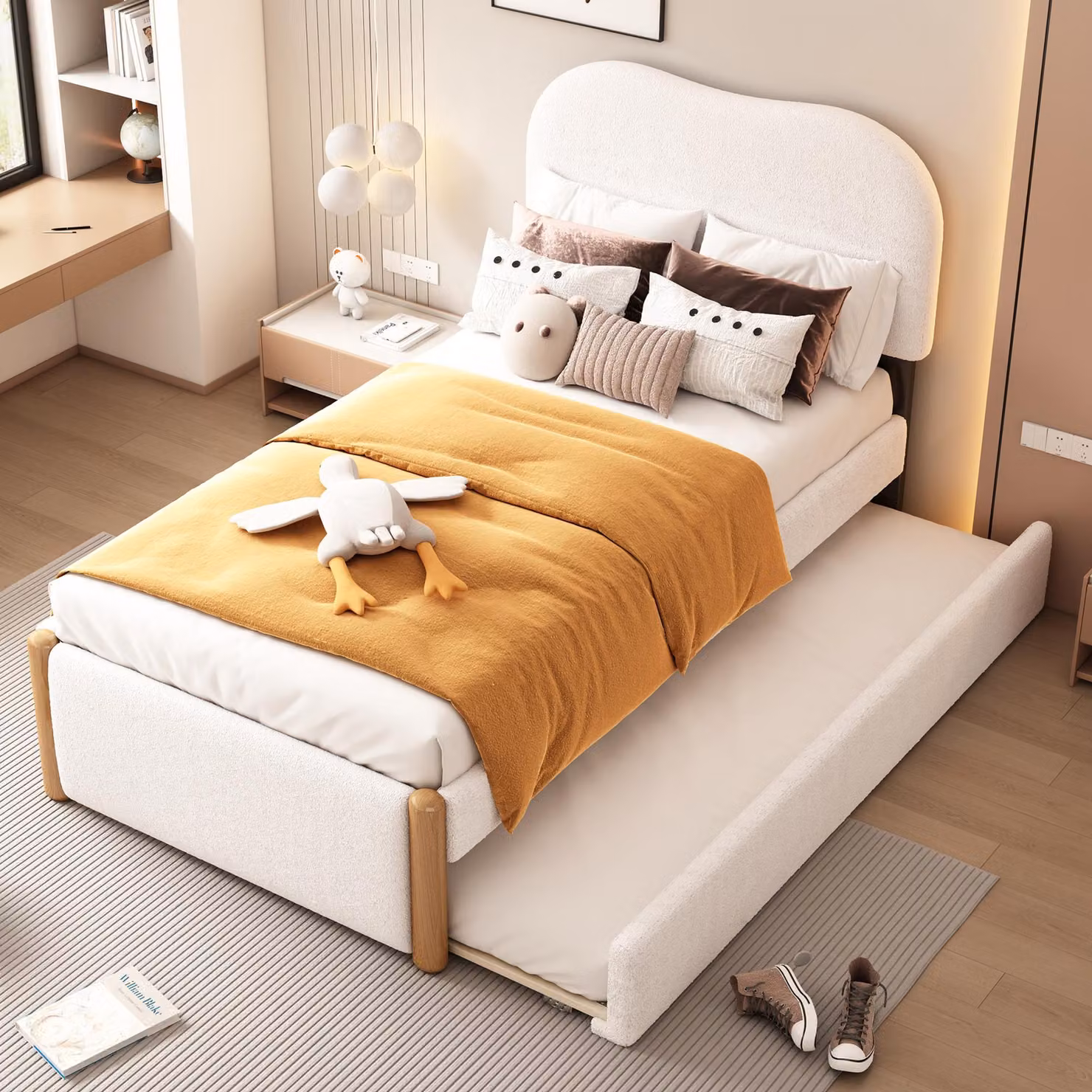 Letto imbottito Merax 90x200 cm, imbottito con letto a scomparsa, Plush, letto per bambini, letto singolo, bianco