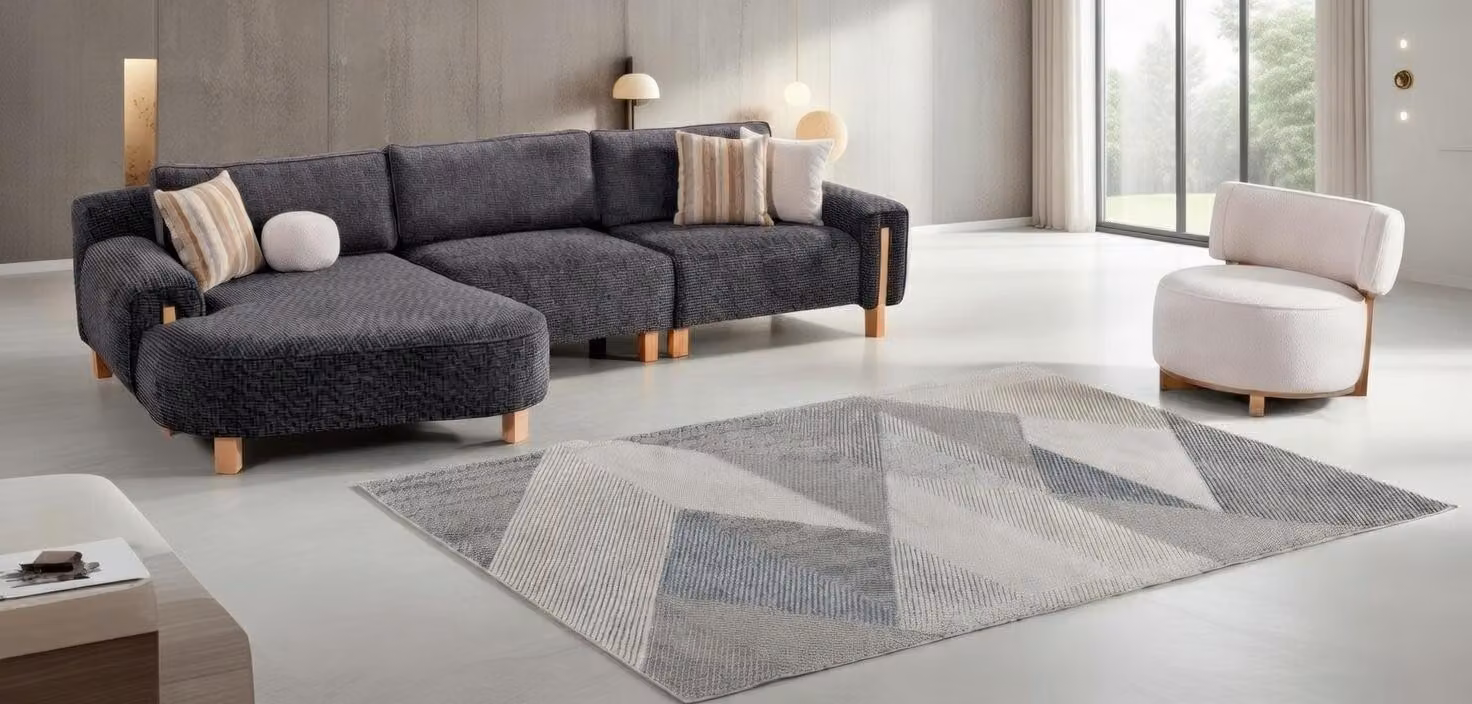 Elegante set composto da divano ad angolo e poltrona, in grigio con gambe in legno