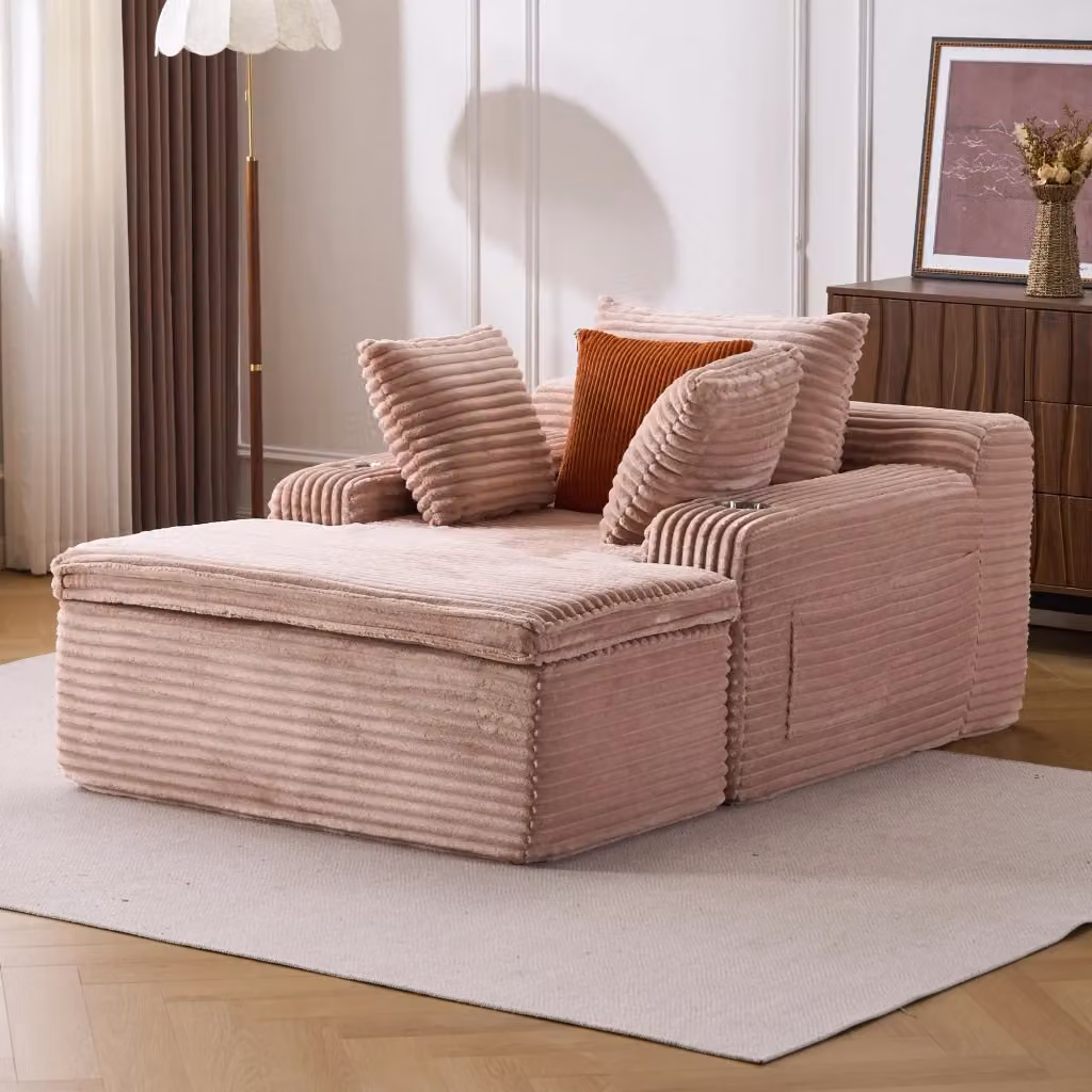 Divano angolare pieghevole MIVRAY con chaise longue in velluto a coste rosa, funzione letto e cuscini inclusi – 2