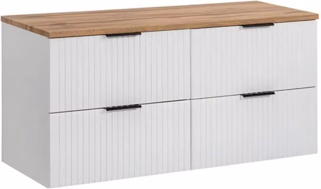 Set da bagno NOXERA 120 cm – Bianco alpino – Piano per lavabo in rovere wotan