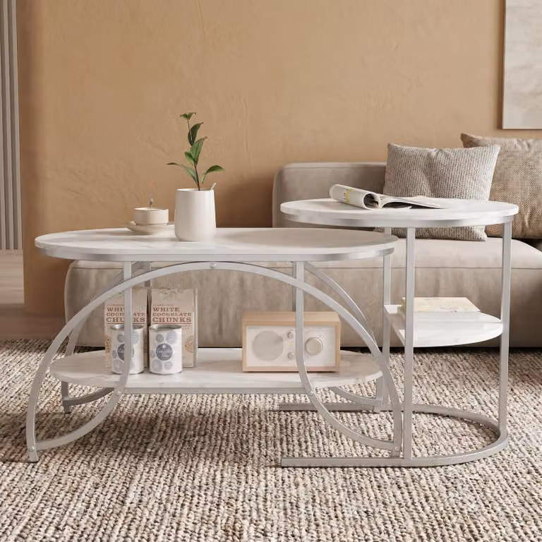 INONEFT, set di 2 tavolini da caffè, tavolini moderni per il soggiorno con spazio contenitivo e struttura in metallo, tavolino ovale per soggiorno, camera da letto, bianco e argento