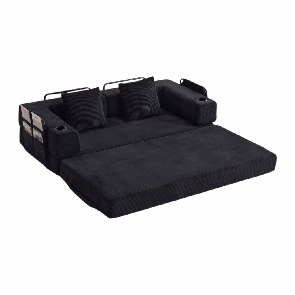 Divano letto pieghevole da pavimento Chicfurn in velluto a coste con tasche laterali e portabicchieri, nero – 2