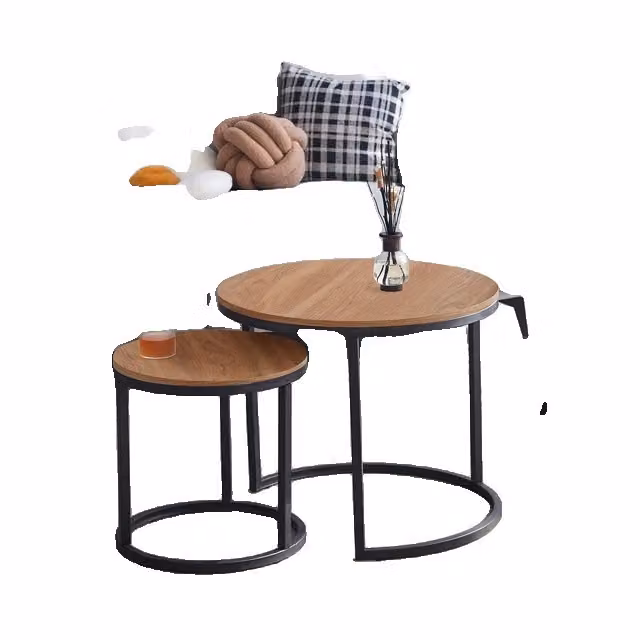Tavolino rotondo, legno e metallo, combinazione 2 in 1, rovere scuro