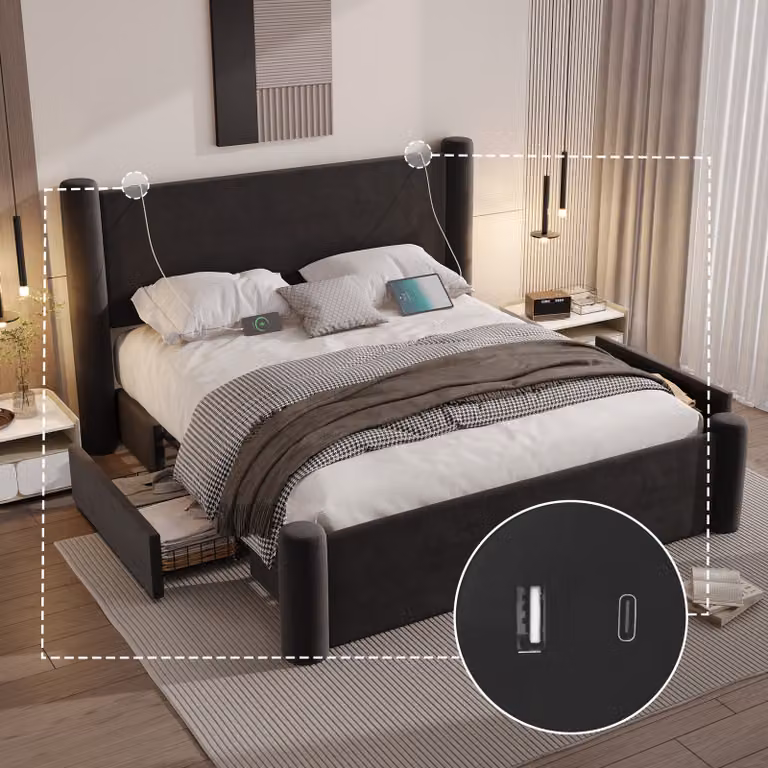 LVHOM Letto imbottito con USB e 2 cassetti, letto matrimoniale 140x200cm, letto per ragazzi con rete a doghe, rivestimento in velluto letto in legno imbottito, nero
