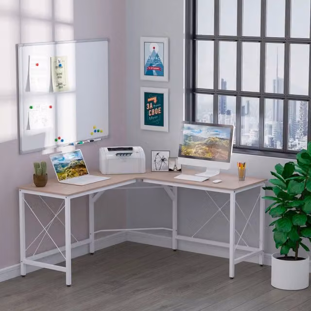 Scrivania angolare a L 150x150x76 cm in MDF melaminato e struttura in acciaio, colore naturale