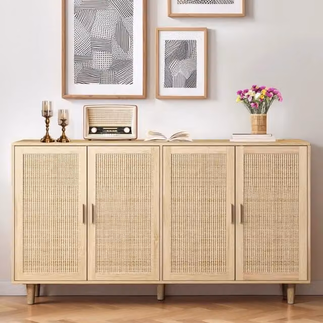 Credenza a 4 ante con frontali in rattan e gambe in legno, beige, L: 158 cm, P: 40 cm, H: 88 cm