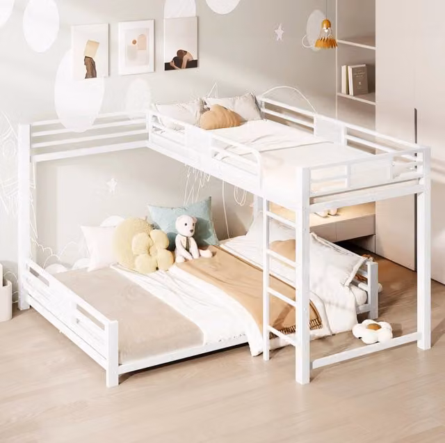 Letto a castello a L in metallo 90x200 cm e 140x200 cm bianco