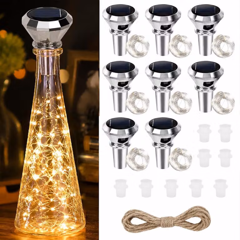 Luci solari a forma di bottiglia, confezione da 8 pezzi, lunghezza 2 metri, 20 LED bianco caldo, con tappo in sughero