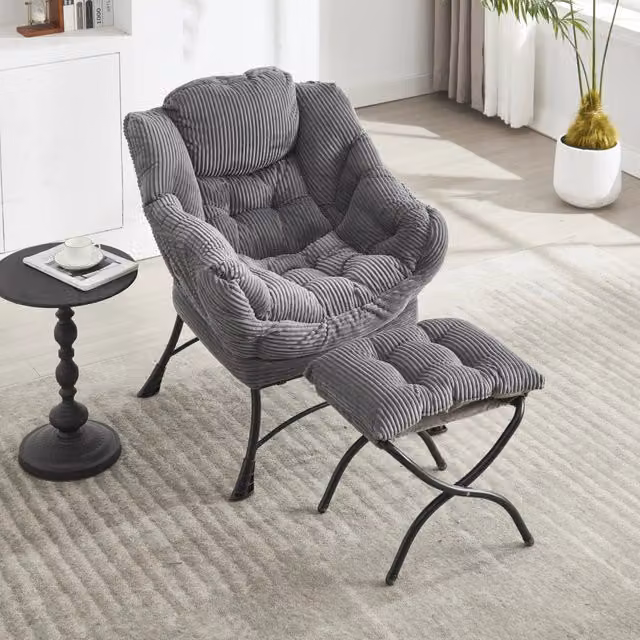 Poltrona relax OKWISH con pouf e tasca laterale in tessuto grigio e struttura in acciaio