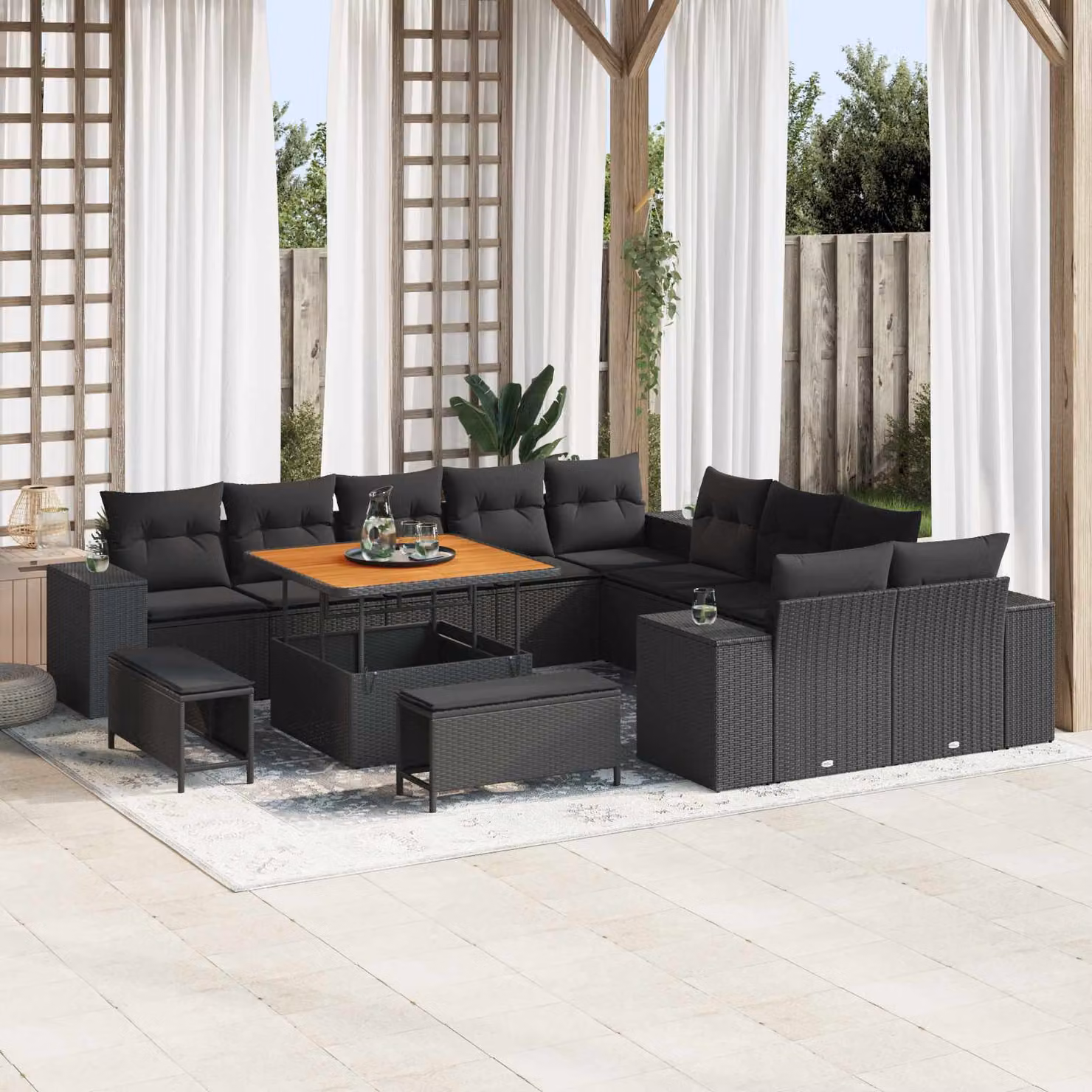 Set Divano da Giardino vidaXL 13 Pezzi a Forma di U con Cuscini Nero e Struttura in Metallo e Accacia – 1