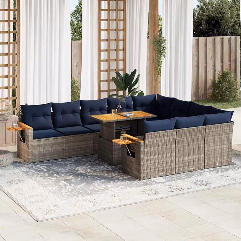 Set di divani da giardino vidaXL in polyrattan e legno di acacia con cuscini, forma a L, grigio e blu