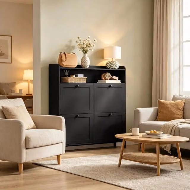 Armadio porta scarpe REDOM nero in metallo e MDF con scomparti basculanti L: 100 cm, P: 19,5 cm, H: 107 cm