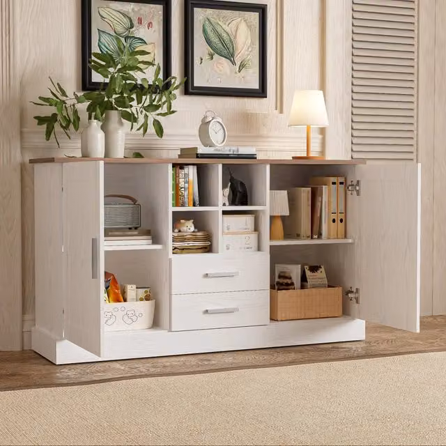 Credenza moderna FOLYNA con 2 ante, 2 cassetti soft-close e 4 vani aperti, bianca e marrone, L: 140 cm, P: 40 cm, H: 79,5 cm