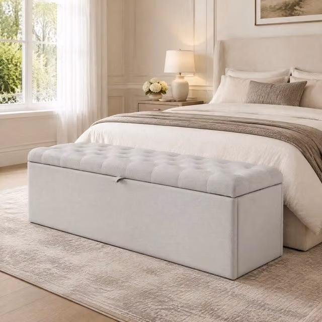 Panca imbottita in lino con contenitore 141x41,5x47 cm, colore grigio chiaro
