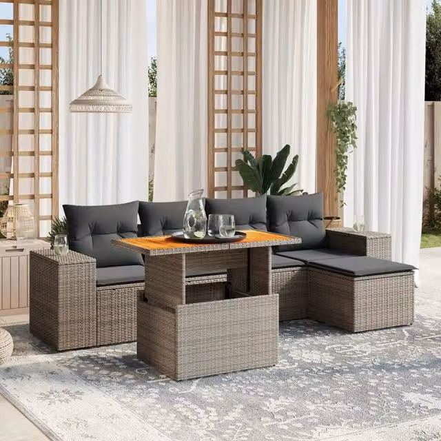 Set Divano da Giardino a L VIDAXL in Polyrattan Grigio con 6 Cuscini