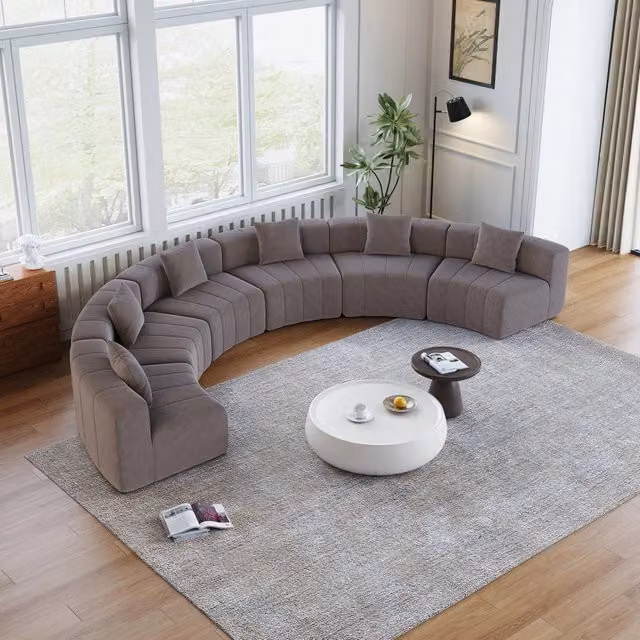 Divano modulare curvo OKWISH a forma di U in tessuto grigio con cuscini per il tuo soggiorno