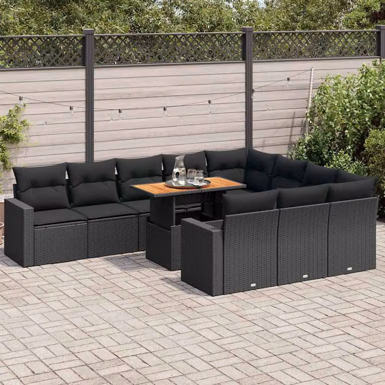 Set Divani da Giardino vidaXL 11 pz in Polyrattan Nero con Cuscini e Tavolino da Esterno