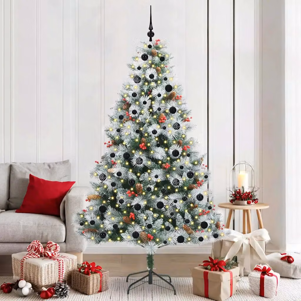 Albero di Natale artificiale moderno vidaXL verde e bianco con luci LED bianco caldo e struttura in metallo, PVC e plastica, Altezza: 210 cm