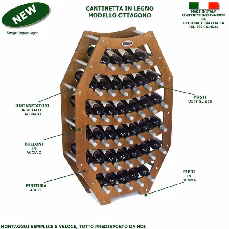 Cantinetta in legno Original Legno Italia modello ottagono per 36 bottiglie di vino, finitura noce, L: 75 cm, P: 25 cm, H: 120 cm – 2